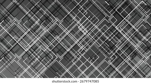 Abstrakter Hintergrund mit überlappenden weißen und schwarzen Quadraten auf grauem Hintergrund.