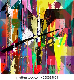 abstract background, with paint strokes, splashes and squares/triangles