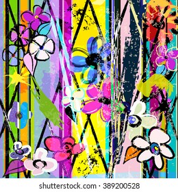 abstract background, with paint strokes, splashes and little flowers