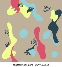 Abstract Background with Painted Round Shapes. yellow red blue Seamless pattern with Ink hand drawn Dots. Stylized animal skin texture. doodle. for wallpaper, wrapping paper, textile print. Flat