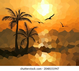 Fondo abstracto de una palmera al atardecer. Aves volando en el cielo. Ilustración del vector