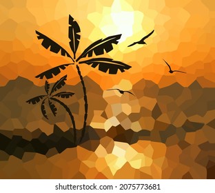 Abstract background of a palm tree at sunset. Flying birds in the sky. Vector illustration