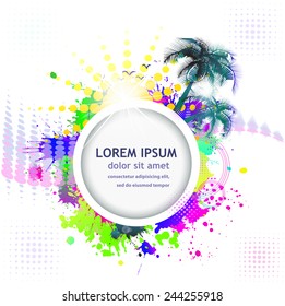 Abstract background of palm trees with round frame. Vector
