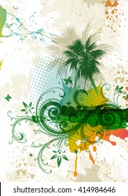 Abstract background with palm trees and tropical flowers