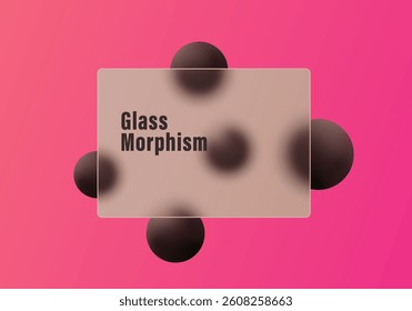 Abstract background with panel and spheres in glass morphism style.