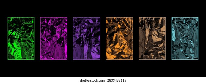 Abstract background panels of crumpled metallic foil. Green, magenta, purple, orange, copper and cyan neon or metallic color. Complex texture with crinkles and creases.