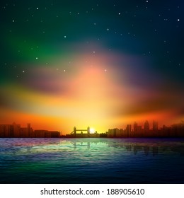 abstract background with panorama of London and sunset