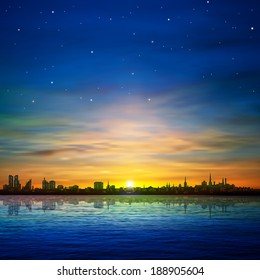 abstract background with panorama of Tallinn and golden sunrise