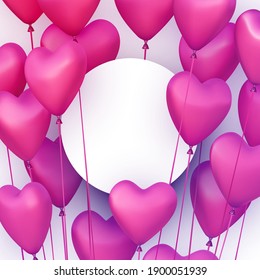 Abstract background with paper circle and realistic 3d pink heart balloons. Vector illustration.