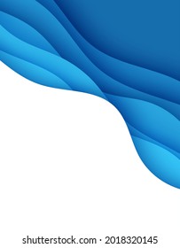 Abstract background in paper cut style. 3d wallpaper with cut out deep waves modern cover. Blue color layers with smooth shadow papercut art. Vector card illustration, origami geometric shapes.