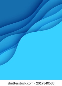 Abstract background in paper cut style. 3d wallpaper with cut out deep waves modern cover. Blue color layers with smooth shadow papercut art. Vector card illustration, origami geometric shapes.