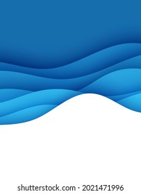 Abstract background in paper cut style. 3d wallpaper with cut out deep waves modern cover. Blue color layers with smooth shadow papercut art. Vector card illustration, origami geometric shapes.