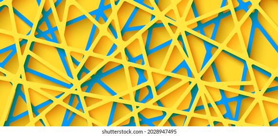 Abstract background in paper cut style. 3d realistic backdrop with cut out yellow and blue color stripes entangled web. Origami technological wallpaper in papercut art. Vector card illustration
