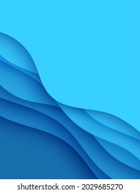 Abstract background in paper cut style. 3d wallpaper with cut out deep waves modern cover. Blue color layers with smooth shadow papercut art. Vector card illustration, origami geometric shapes.