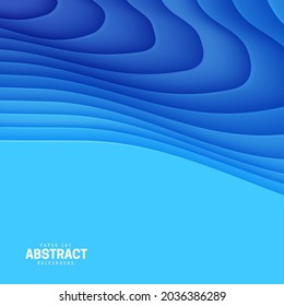 Abstract background in paper cut style. 3d wallpaper with cut out deep waves modern cover. Blue color layers with smooth shadow papercut art. Vector card illustration, origami geometric shapes.