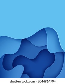 Abstract background in paper cut style. 3d wallpaper with cut out deep waves modern cover. Blue color layers with smooth shadow papercut art. Vector card illustration, origami geometric shapes.
