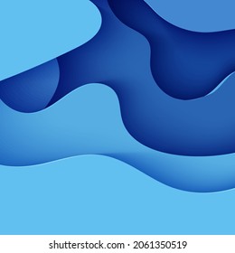 Abstract background in paper cut style. 3d wallpaper with cut out deep waves modern cover. Blue color layers with smooth shadow papercut art. Vector card illustration, origami geometric shapes.