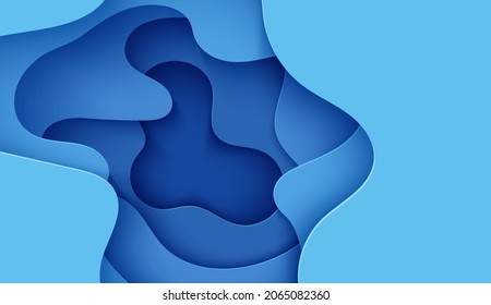 Resumen del fondo en el estilo de corte de papel. Papel tapizado en 3d con ondas profundas y cubierta moderna. Capas de color azul con una sombra suave en el papel. Ilustración de tarjeta vectorial, formas geométricas de origami.