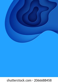 Abstrakter Hintergrund im Papierschnitt-Stil. 3D-Tapete mit ausgeschnittenen tiefen Wellen moderne Abdeckung. Blaue Farbschichten mit glatter Schattenpappe, Vektorkartengrafik, geometrische Origami-Formen.