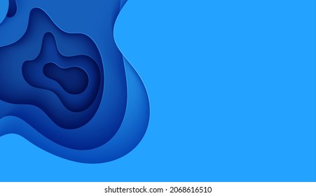 Abstract background in paper cut style. 3d wallpaper with cut out deep waves modern cover. Blue color layers with smooth shadow papercut art. Vector card illustration, origami geometric shapes.