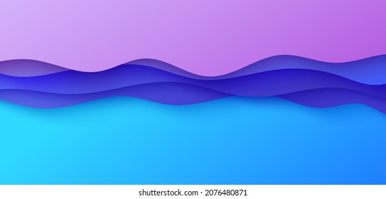 Abstract background in paper cut style. 3d pink purple gradient colors waves with smooth shadow. Vector card illustration with blue backdrop. Top view composition liquid papercut shapes border.