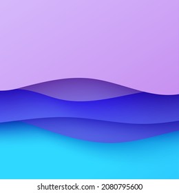 Abstract background in paper cut style. 3d pink purple gradient colors waves with smooth shadow. Vector card illustration with blue backdrop. Squared composition liquid papercut shapes