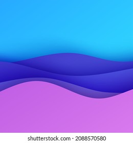 Abstract background in paper cut style. 3d pink purple gradient colors waves with smooth shadow. Vector card illustration with blue backdrop. Squared composition liquid papercut shapes.