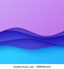 Abstract background in paper cut style. 3d pink purple gradient colors waves with smooth shadow. Vector card illustration with blue backdrop. Squared composition liquid papercut shapes