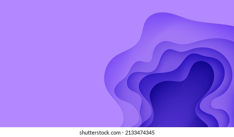 Abstrakter Hintergrund im Papierschnitt-Stil. 3D-Wellen in violetten und violetten Farben mit glattem Schatten. Vektorgrafik mit geschichteter Linienform. Rechteckige Zusammensetzung von flüssigen Schichten in Paperschnitt