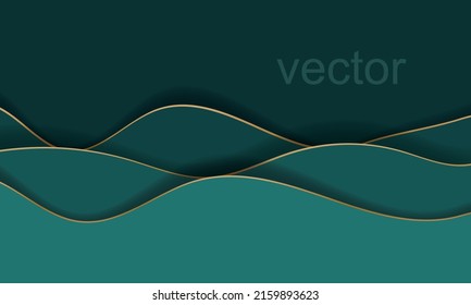 Abstrakter Hintergrund im Papierschnitt-Stil. Die Wellen in den Farben 3D-Türkis und Gold. Design für Banner, Poster oder Webdesign. Papierschnitt-Stil, 3D-Effekt, Vektorgrafik