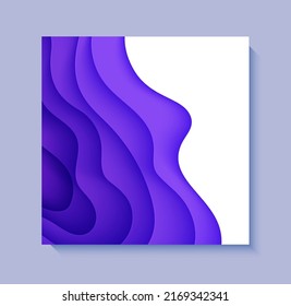 Abstract background in paper cut style. 3d white and purple colors waves with smooth shadow. Vector card illustration with layered curved line shape. Squared composition of liquid layers in papercut.