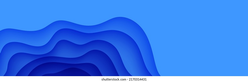 Abstract background in paper cut style. 3d wallpaper with cut out deep waves modern cover. Blue color layers with smooth shadow papercut art. Vector card illustration, origami geometric shapes.