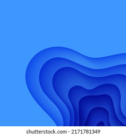 Resumen del fondo en el estilo de corte de papel. Papel tapizado en 3d con ondas profundas y cubierta moderna. Capas de color azul con una sombra suave en el papel. Ilustración de tarjeta vectorial, formas geométricas de origami.