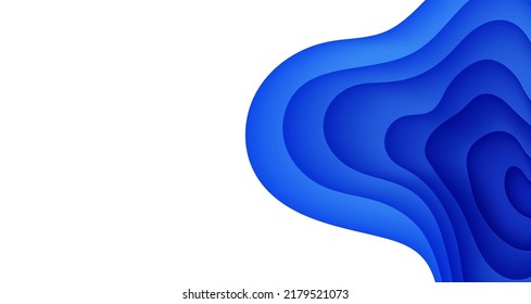 Abstract background in paper cut style. 3d wallpaper with cut out deep waves modern cover. Blue color layers with smooth shadow papercut art. Vector card illustration, origami geometric shapes.