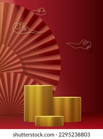 Abstract background. Paper fans and yellow clouds, golden podium. Studio for cosmetic product display in Asian style.