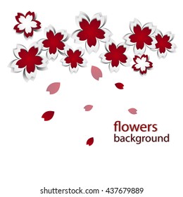 Abstract background with paper flowers and place for text. Vector illustration. Sakura on white background. Red Cherry blossoms cutout paper vector flower