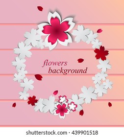 Abstract background with paper flowers and place for text.Vector illustration.Sakura on wood background and a round label.Cherry blossoms cutout paper vector flower.Greeting Card with Blooming Flowers