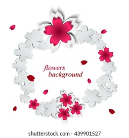 Abstract background with paper flowers and place for text.Vector illustration.Sakura on wood background and a round label.Cherry blossoms cutout paper vector flower.Greeting Card with Blooming Flowers