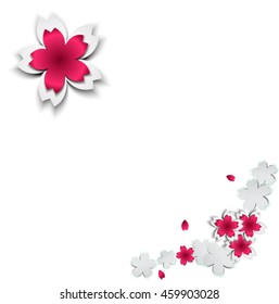 Abstract background with paper flowers and place for text. Vector illustration. Sakura on white background. Pink Cherry blossoms cutout paper vector flower