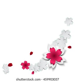 Abstract background with paper flowers and place for text. Vector illustration. Sakura on white background. Pink Cherry blossoms cutout paper vector flower