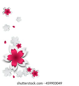 Abstract background with paper flowers and place for text. Vector illustration. Sakura on white background. Pink Cherry blossoms cutout paper vector flower