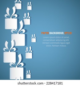 Abstract background with  paper icons. Gift box.