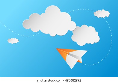 Abstract background with paper plane, clouds and blue sky - vector illustration