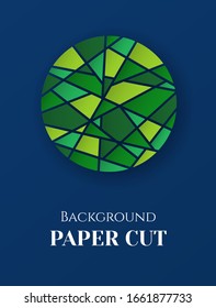 Abstract background in paper style. Poster with green mosaic elements on blue. Free space for text. Vector illustration