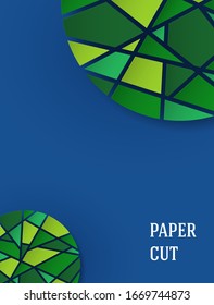 Abstract background in paper style. Poster with green mosaic elements on blue. Free space for text. Vector illustration