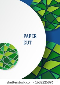Abstract background in paper style. Poster with green mosaic elements on blue. Free space for text. Vector illustration