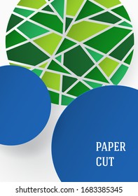 Abstract background in paper style. Poster with green mosaic elements on white. Place for text. Vector illustration