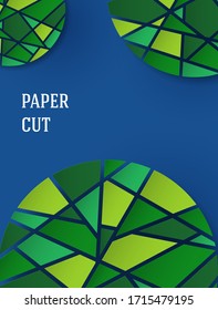 Abstract background in paper style. Poster with green mosaic elements on blue. Free space for text. Vector illustration
