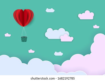 Abstract background in paper style. Red hearts, balloons on a green background. Vector