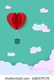 Abstract background in paper style. Red hearts, balloons on a green background. Vector vertical view.